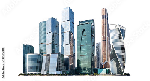 Modern City Skyline with Diverse Glass Skyscrapers architecture isolated on a transparent background