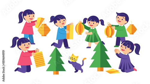 Lanterns of joy and Festive celebration: Seven children and a cat participate in joyous activities, surrounded by vibrant paper lanterns. They embody the spirit of happiness.