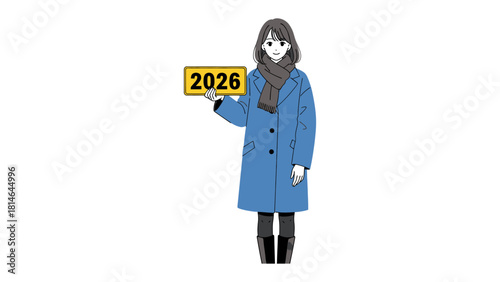 Year 2026: A woman in a stylish winter coat holds up a sign marking the year 2026. The scene captures the anticipation of the future and the passage of time.