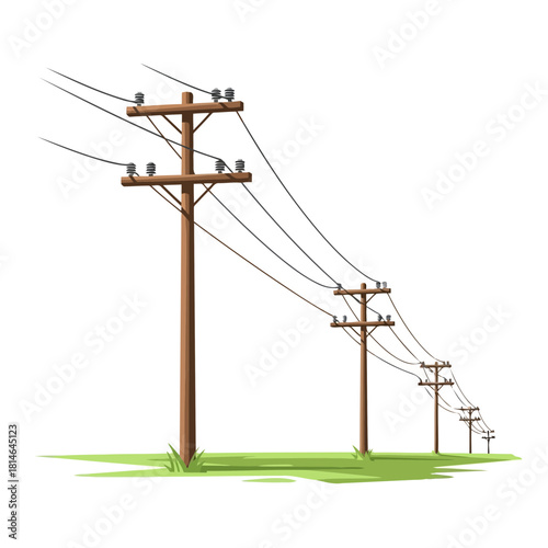 Series of wooden utility poles with power lines extending into the distance on a green field