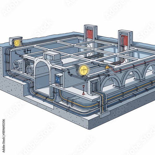 Detailed 3d illustration of a complex industrial piping system with various components and connections