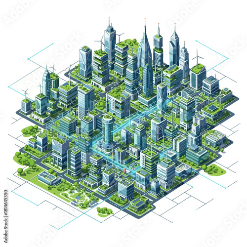 3d illustration of a futuristic city with tall buildings, green spaces, and advanced infrastructure, showcasing urban planning and technology