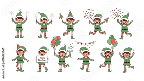 Elf Festive Set: A delightful ensemble of elfish figures joyfully participating in various holiday festivities, exuding cheer and celebration.