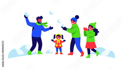 Snowball Fight: A cheerful family engages in a playful snowball fight on a snowy day, a scene brimming with joy and shared laughter.