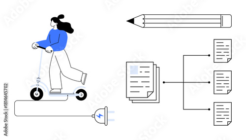 Woman on electric scooter powered by a plug, large pencil, document connection map. Ideal for mobility, energy efficiency, organization, technology, workflow creativity productivity. Simple flat