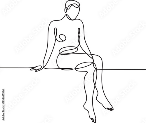 Continuous line art illustration of figure seated with legs hanging over edge using handmade contour