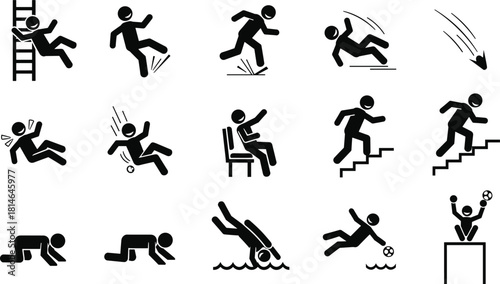 Human activity icons, accident pictograms, safety hazard silhouettes, falling objects, slipping, tripping, crawling, sports action, stairs, ladder, warning signs