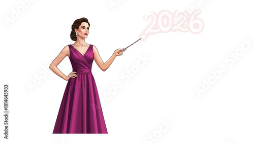 Woman with magic wand: An illustration of a woman dressed in a purple gown, holding a magic wand that magically conjures the year 2026, symbolizing a glimpse into the future. 
