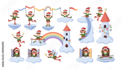 Whimsical Elf Village: A collection of cheerful elves engage in playful activities within a fanciful village, where magic and festive charm reign supreme.