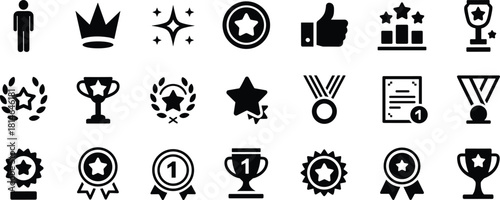 Success, Achievement, and Award Icons Set: Trophy, Star, Medal, Crown, Certificate, and Thumbs Up Symbols Vector Collection