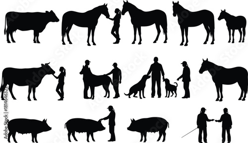 Human animal interaction silhouettes, farm animals, children with pets, caring moments, rural lifestyle, agriculture, companionship, dog cow horse pig, black vector