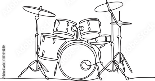 Continuous line art illustration of full drum kit with cymbals using handmade contour