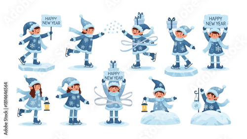 Whimsical Winter Greetings: A joyful ensemble of playful elf characters revels in a snowy wonderland, each one celebrating the magic of the season in their own unique way.