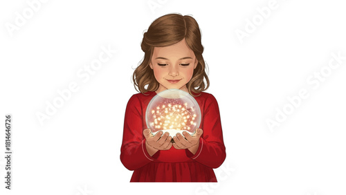 Enchanting Spark: A young girl gazes with wonder at a magical glowing orb, holding a radiant constellation of lights in her hands. Revealing a captivating moment of curiosity and joy.