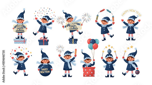 Festive Elf New Year Celebration: Playful elves dressed in winter attire, surrounded by party decorations and gifts. The image captures the joy and excitement of new year season. 