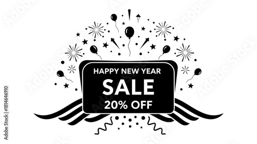 New Year Sale Celebration: An enticing New Year sale banner, announcing a generous discount, adorned with festive fireworks and balloons. A visual celebration of savings and new beginnings.