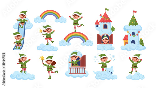 Magical Elf Adventure: A collection of charming cartoon elves engage in whimsical activities amidst clouds and rainbows. Creating a fairy tale dream of childhood 