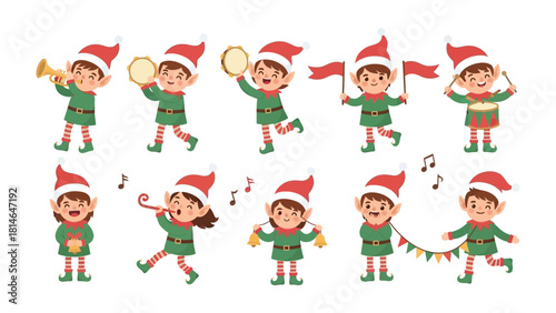 Festive Elf Ensemble: A vibrant array of playful elves joyfully prepare and spread holiday cheer through music, banners, and camaraderie. Each elf is dressed in iconic attire.