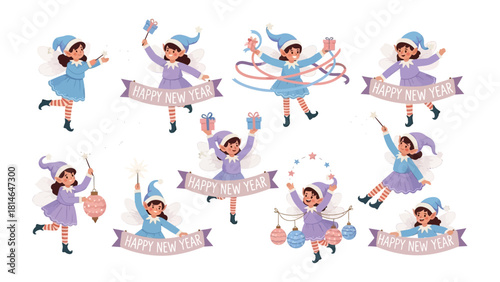 Happy New Year's Elves Celebration: A collection of cheerful elves, each a beacon of festivity, dancing amidst a swirl of joy, decorated with festive ribbons and holding gifts.