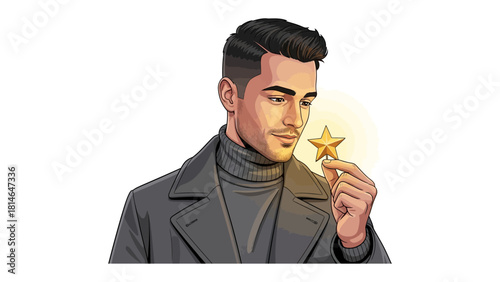 Gazing at Golden Star: A contemplative individual delicately examines a shining star, reflecting on aspiration and achievement