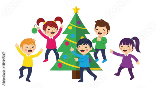Holiday Joy: Delightful children surround a decorated tree, exuding the spirit of the season through their joyous expressions and celebratory gestures.