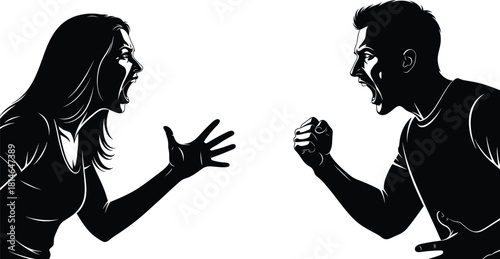 Conflict silhouette illustration—emotional confrontation with expressive gestures and tense posture in black-and-white line art