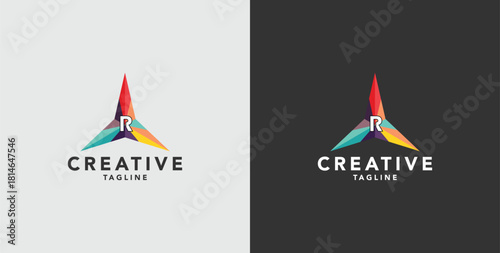 Digital colorful abstract icons, elements and symbols with initial R logo, template