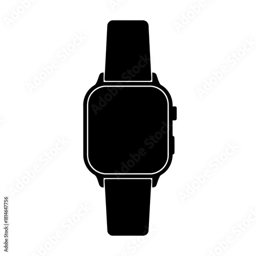 Minimalist black smartwatch with square face and black strap, vector illustration