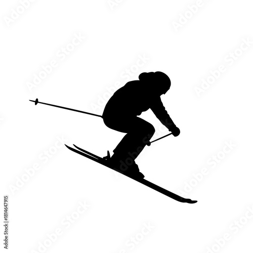 Silhouette of a skier in action with ski poles, captured in a dynamic pose, isolated on