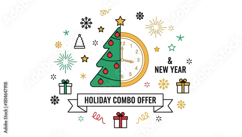 Festive Countdown: A visually appealing illustration combining a Christmas tree and a clock, signaling the arrival of the New Year, adorned with festive elements and holiday symbols.