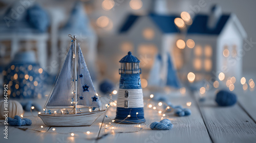 A cozy scene shows a sailboat, lighthouse, and houses arranged on a white surface. Soft, warm Christmas lights twinkle, creating a festive, nautical ambiance