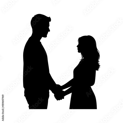 Silhouette of a man and woman holding hands facing each other, representing love and connection