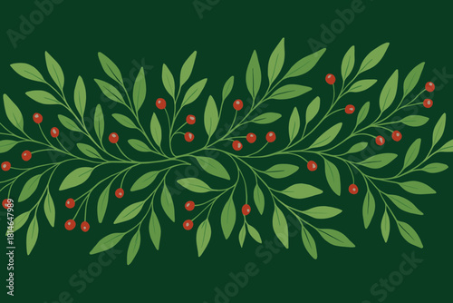 Festive Leafy Garland. Delicate garland of intertwining leaves and berries stretches across a deep green backdrop, forming a festive decoration. The intricate. Vector illustration