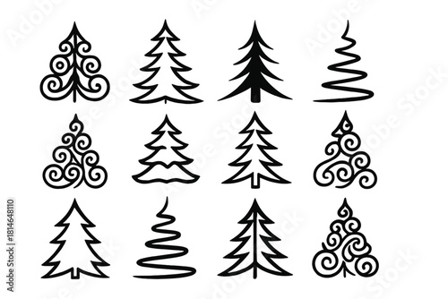 Artistic Christmas Trees. Array of Christmas tree silhouettes, each with distinct artistic flair, including curly, pointed, and spiral shapes. The icons are. Vector illustration