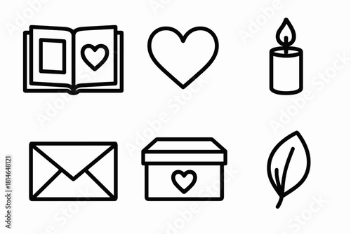 Cherished Memory Icons. Cherished Memories linear icon set. photo album, heart symbol, candle flame, letter envelope, keepsake box, flower petal