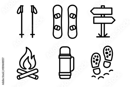 Winter Adventure Icons. Outdoor Adventures linear icon set: ski poles, snowboard, trail sign, campfire, thermos, footprints in snow