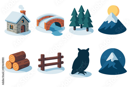 Mountain Retreat Icons. Mountain Hamlet Retreat flat icons set. stone cottage, snowy bridge, pine forest, frozen river, woodpile, rustic fence, owl silhouette, moonlit peak