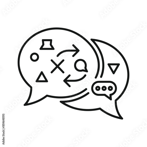 Outline icon of two overlapping speech bubbles containing strategy symbols like arrows, shapes, and an x mark for discussion