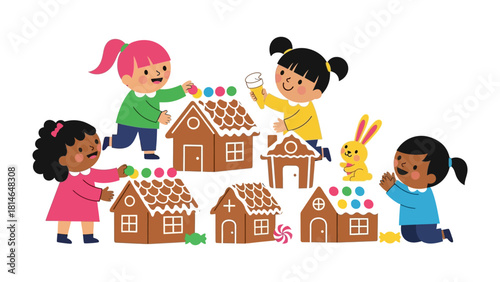 Crafting Gingerbread Dreams: Joyful children collaborate, adorning gingerbread houses with colorful candies and icing, creating edible masterpieces during the festive holiday.