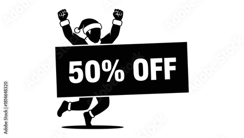  Festive Discount Announcement: A silhouette figure, donned with a Santa hat, gleefully advertises a 50% OFF sale, exuding holiday cheer and the excitement of a bargain.