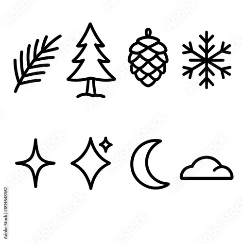 Pine Forest Icons. Pine forest linear icon set : pine branch, pine tree, pinecone, snowflake, star, sparkle, moon, snow mound