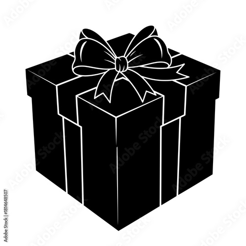 Black gift box with white ribbon bow on top, ready for wrapping and presenting, isolated on
