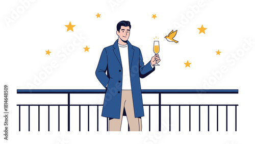 Cheers Under the Stars: A sophisticated figure raises a glass of champagne against a backdrop of twinkling stars, enjoying the tranquil moment with a gentle breeze.
