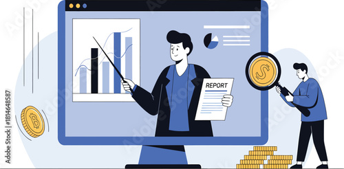 Business analyst presenting financial report and market growth charts online
