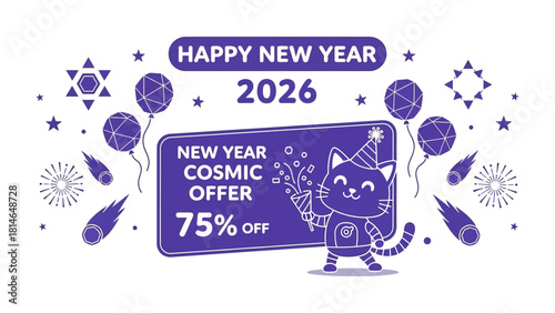 New Year Cosmic Offer: A festive graphic advertising a New Year Cosmic Offer, featuring a playful cosmic cat character surrounded by celebratory elements, promising a 75% discount for 2026.