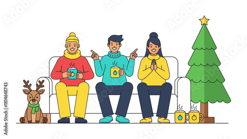 Cozy Gathering: Warm smiles, festive cheer, and the joy of togetherness. A group of friends sits on a sofa, sharing moments of joy. Cozy winter setting.