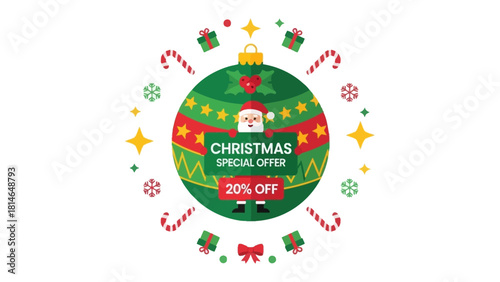 Christmas Special Offer: A festive emblem, capturing the spirit of Christmas. with Santa Claus announces a 20% discount on gifts, candy canes, star-shaped embellishments, and small gift boxes.