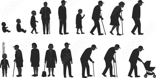 Human life cycle silhouette, aging stages illustration, generational growth concept, baby to elderly, symbolic timeline, family evolution, age progression art