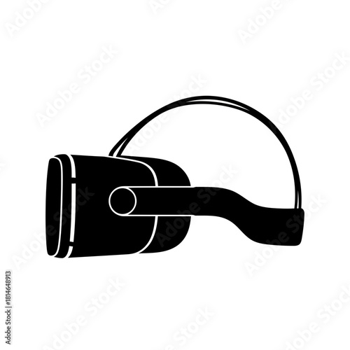 Black and white illustration of a virtual reality headset with a headband, showcasing modern technology and digital innovation