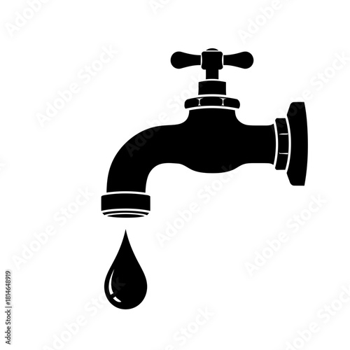Black and white icon of a dripping water faucet with a single drop falling from the spout